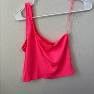 Pull&Bear One-Shoulder Ribbed Crop Top - Neon Pink